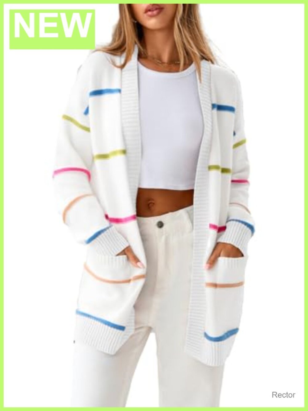 Open Front Striped Cardigan Sweater Long Sleeve Loose Fit Pocket Women